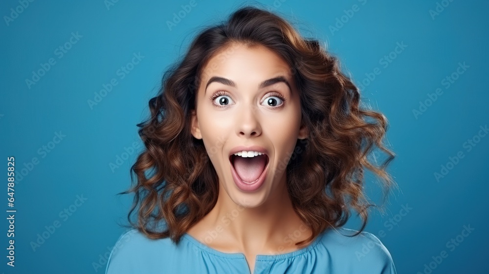Portrait of a woman screaming with a surprised expression, showing her teeth and wide eyes Portrait of a woman screaming with a surprised expression, showing her teeth and wide eyes