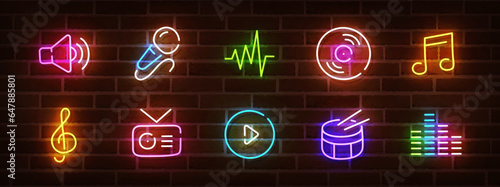 Music neon sign, bright signboard, light banner. Music logo neon, emblem. Vector illustration