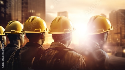 A group of youthful employees or engineers dressed in yellow and wearing helmets stands on a building site. generative ai