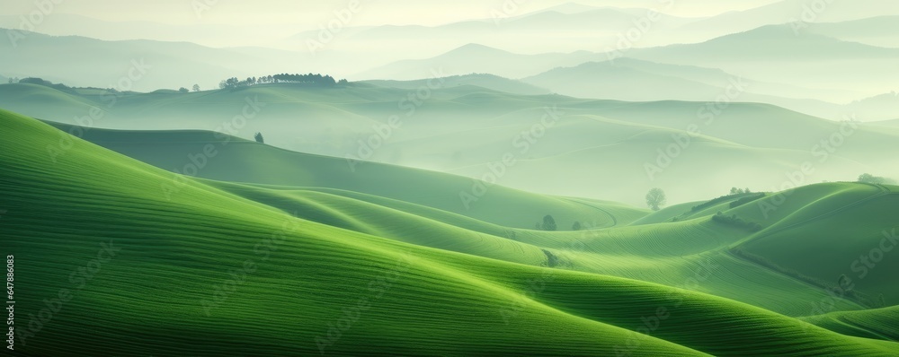 Landscape with mountains and clouds. Background Green field and mountains. 