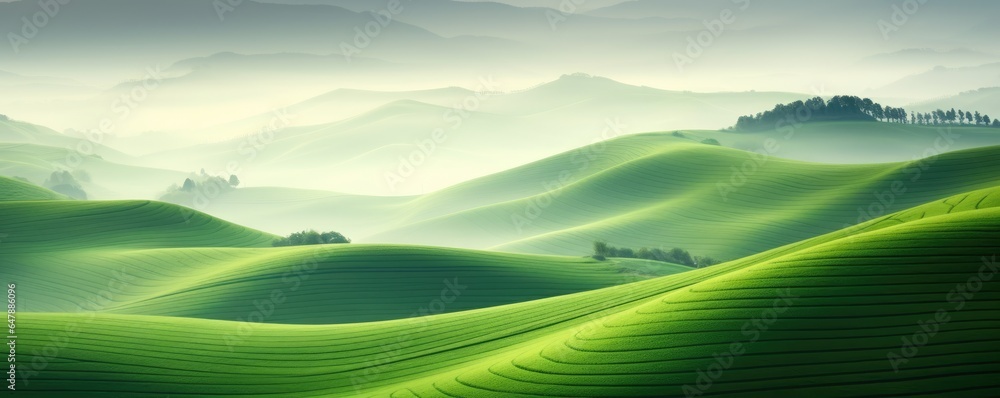 Landscape with mountains and clouds. Background Green field and mountains. 