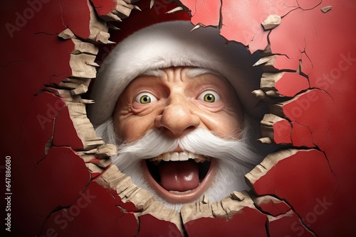 Festive Santa Claus Surprise, in a hole on a background. Greetings from Santa Claus © Evandro