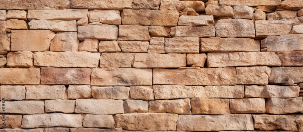 Patterned and textured stone wall in shades of brown or beige serving as a background with an abstract feel Patterned and textured stone wall in shades of brown or beige serving as a background with an abstract feel