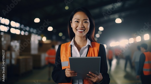 portrait of an asian woman using tablets in a warehouse