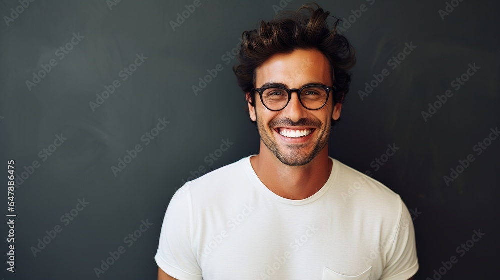 Fototapeta premium portrait of a smiling handsome man with glasses on studio background