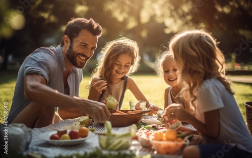 Family having a picnic in a sunny park smiling and enjoying their meal. Generative AI