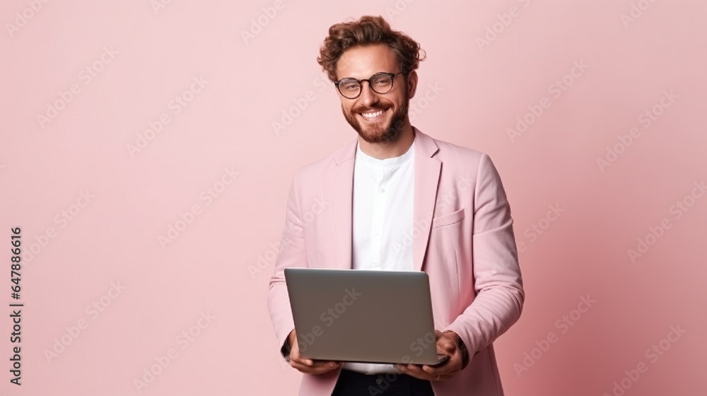 Businessman working on laptop on studio background. generative ai Businessman working on laptop on studio background. generative ai