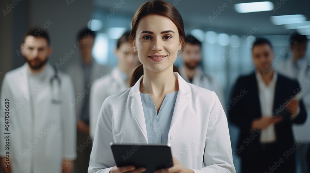 Female doctor standing in hospital. generative ai Female doctor standing in hospital. generative ai