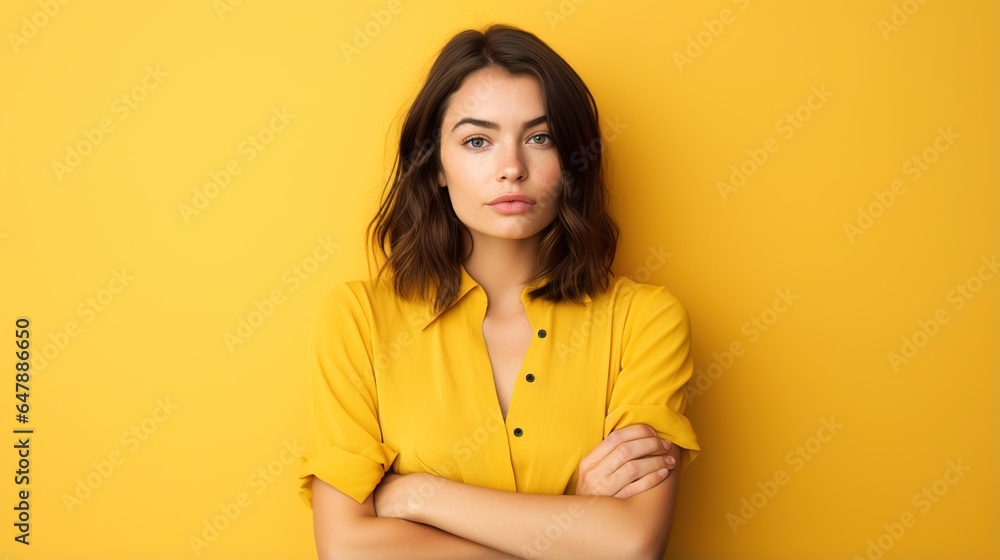portrait of a woman with arms crossed with yellow shirt on studio. generative ai portrait of a woman with arms crossed with yellow shirt on studio. generative ai