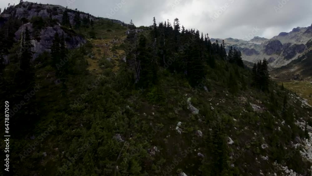 Green Meadows in Mountain Landscape. Aerial View. Dynamic Flying in Nature. British Columbia, Canada. Cloudy Sunset Green Meadows in Mountain Landscape. Aerial View. Dynamic Flying in Nature. British Columbia, Canada. Cloudy Sunset