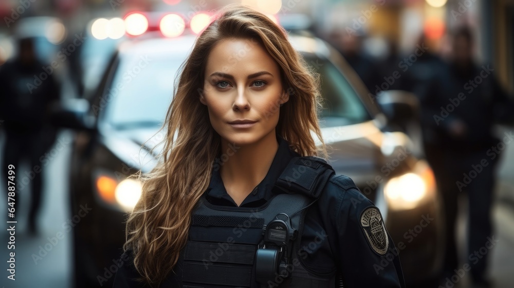 Female police agent wearing a bulletproof vest standing in front of a police car.