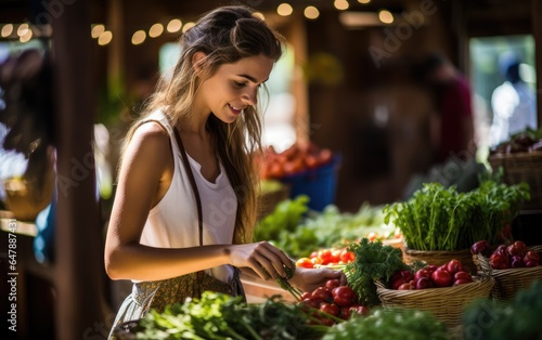 Shopper at a local farmers' market, browsing fresh produce. Generative AI
