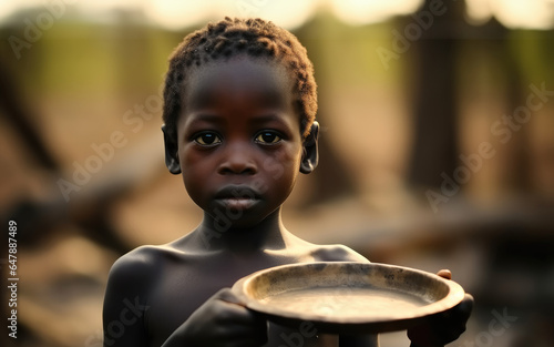 Children malnourished body holding an empty plate in a developing country.