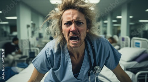 Angry patient in emergency department at hospital.