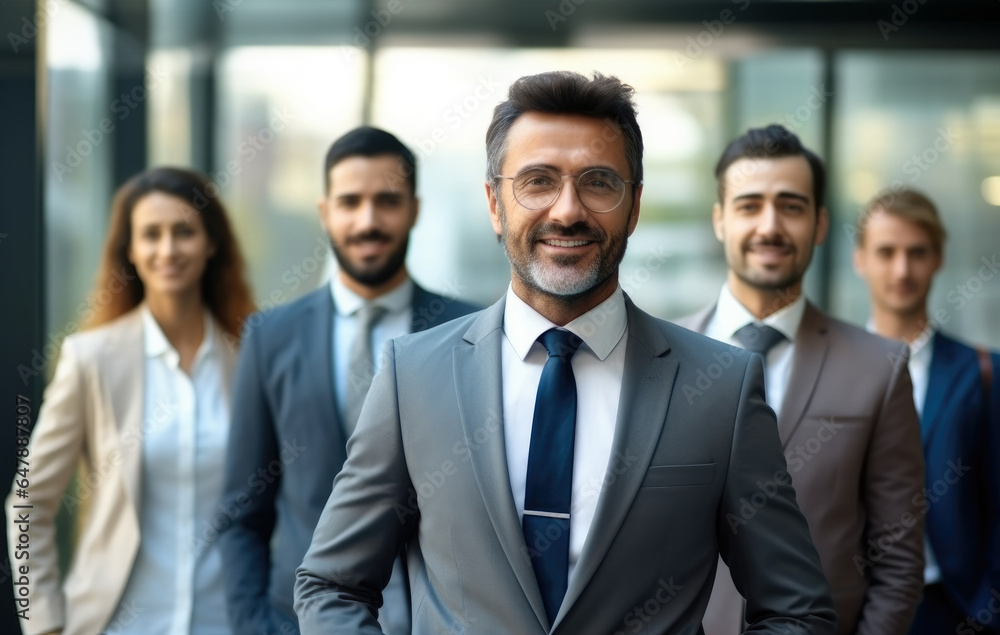 © visoot - Portrait of confident mature good looking middle aged leader, CEO businessman in suit on office multiethnic employees background. © visoot - Portrait of confident mature good looking middle aged leader, CEO businessman in suit on office multiethnic employees background.