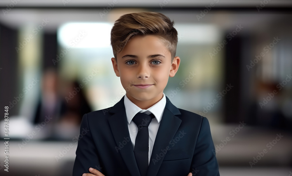 Little boy wearing a business suit and tie against a conference room background. Little boy wearing a business suit and tie against a conference room background.