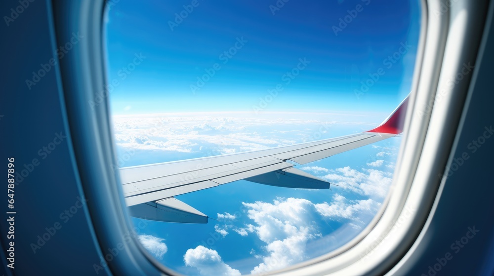Naklejka premium Clouds and sky as seen through window of an aircraft.