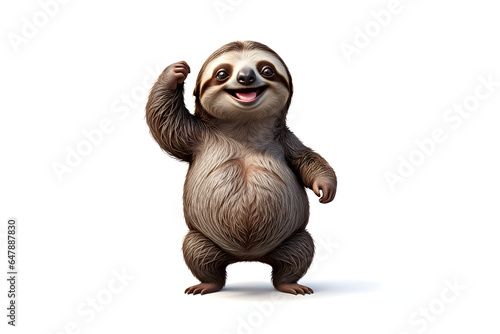 3D character style happy smiling sloth standing on an isolated empty white background - Generative AI