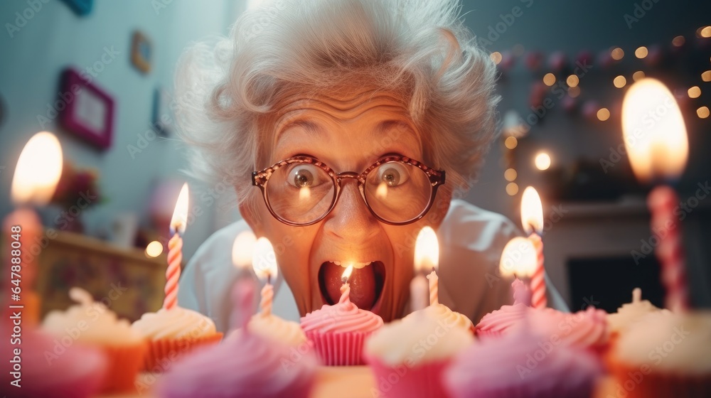 Elderly woman ready to blow out the candles on her birthday cake ...