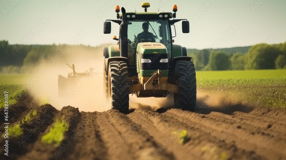 Fototapeta premium Farmer using a tractor and planting implement, Plants potatoes in the fertile farm fields.