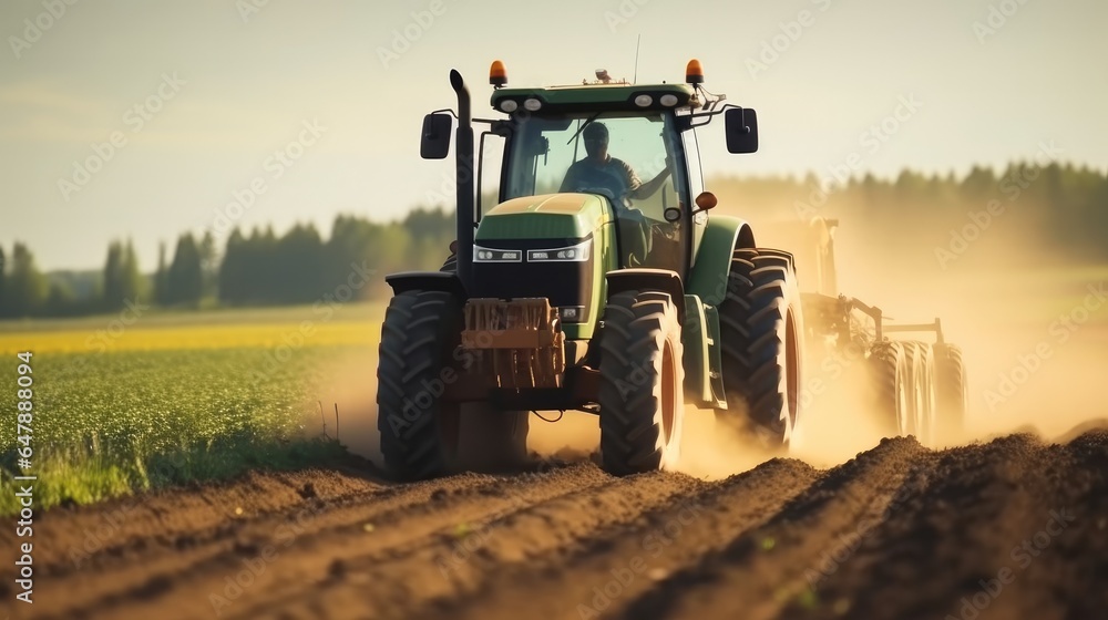 Farmer using a tractor and planting implement, Plants potatoes in the fertile farm fields. Farmer using a tractor and planting implement, Plants potatoes in the fertile farm fields.