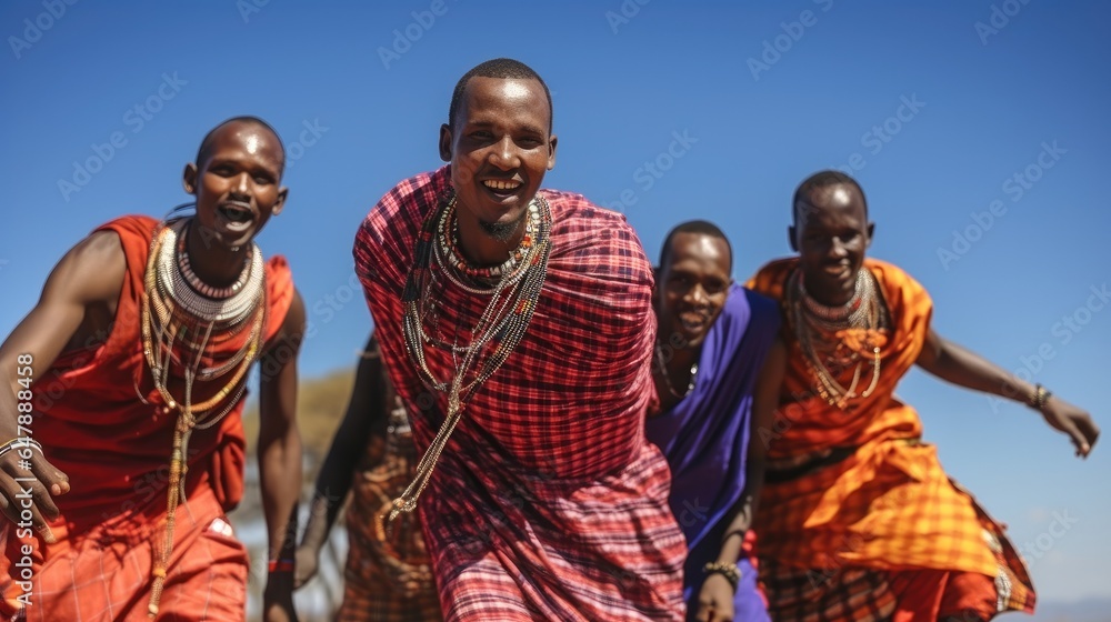 Maasai Mara man showing traditional Maasai jumping dance, Tribe, culture.