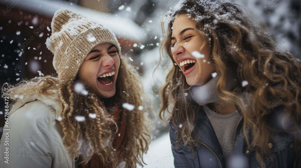 Young women laughing in the snowy Christmas ambiance. Young women laughing in the snowy Christmas ambiance.