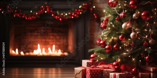 Christmas tree and decorations by a fireplace with presents and gifts