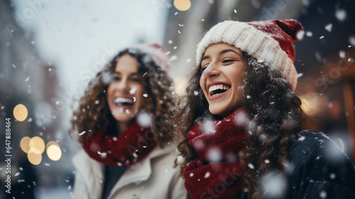 Young women laughing in the snowy Christmas ambiance.