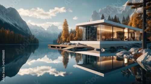 Modern concrete house and glass house design on a mountain lake. © visoot