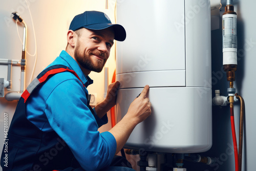 Plumber installing water heater at new home.