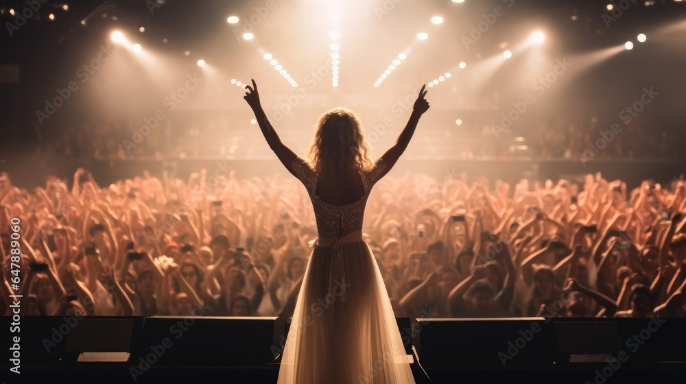 Obraz premium Pop Singer giving music concert performance in a huge crowded stadium.