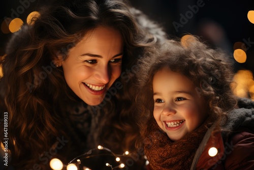Mother and daughter seeing a Christmas tree in the street