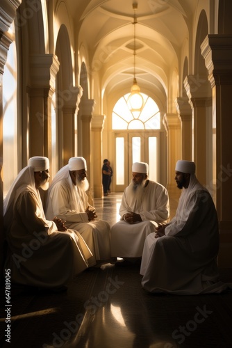 Portraying a group of Muslim scholars in white robes engrossed in a profound discussion at masjid.