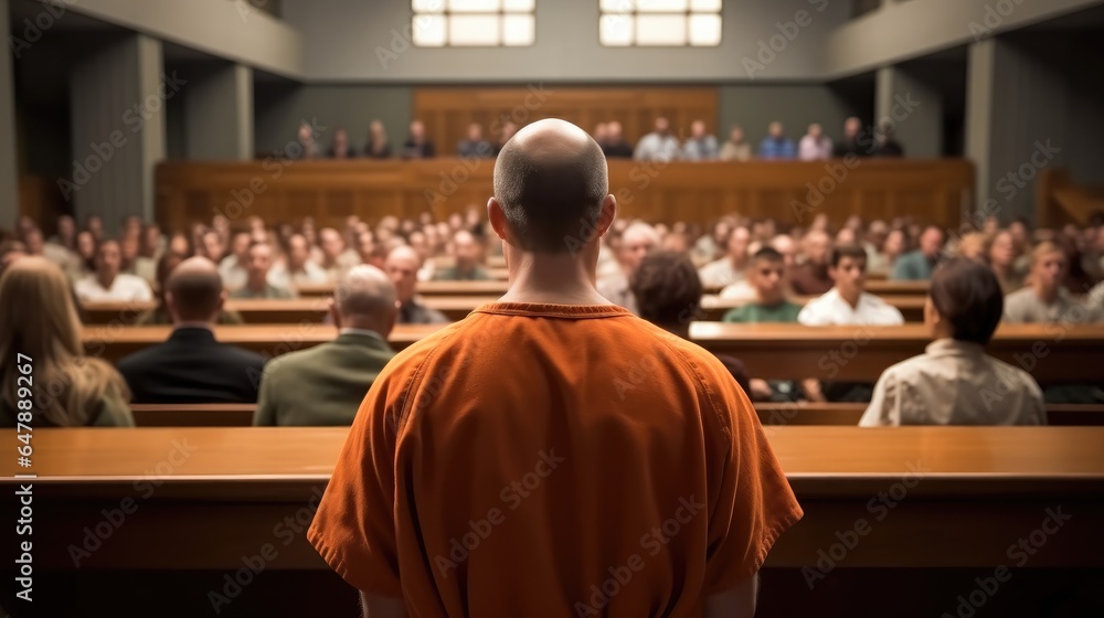 Convict in an orange suit speaks in the courtroom, Guilty arrested person. Convict in an orange suit speaks in the courtroom, Guilty arrested person.