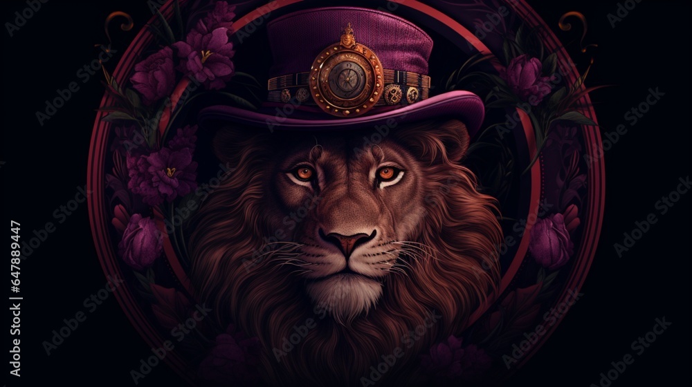 Construct an opulent visual featuring a trendy lion, with a cap and pipe, on a velvety plum background.