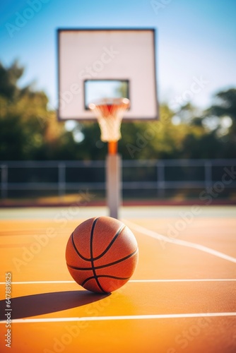 Basketball on court floor. ...