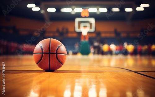 Basketball on court floor. ...