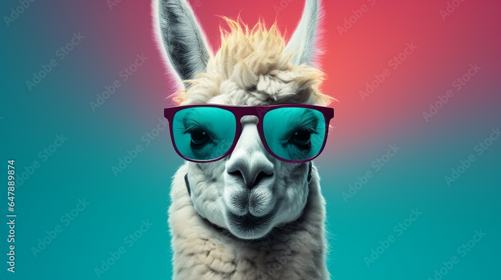 Create a stylish llama with sunglasses, standing confidently against a vibrant teal background.