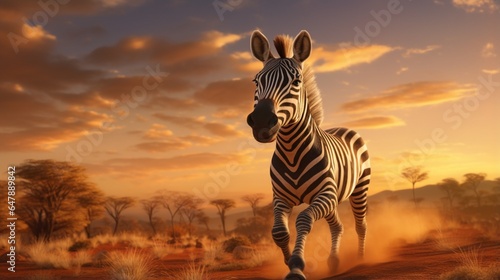 Create a chic zebra in spectacles  galloping across an amber savannah at twilight.