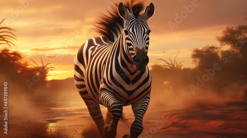 Create a chic zebra in spectacles  galloping across an amber savannah at twilight.