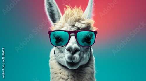 Create a stylish llama with sunglasses  standing confidently against a vibrant teal background.