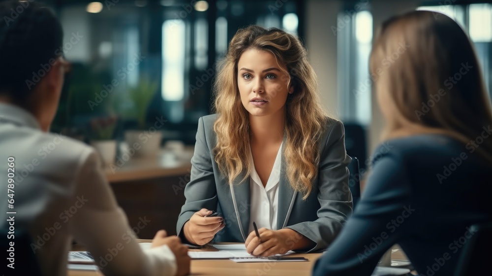 Business woman talking on presentation financial statistics at briefing in office. Business woman talking on presentation financial statistics at briefing in office.
