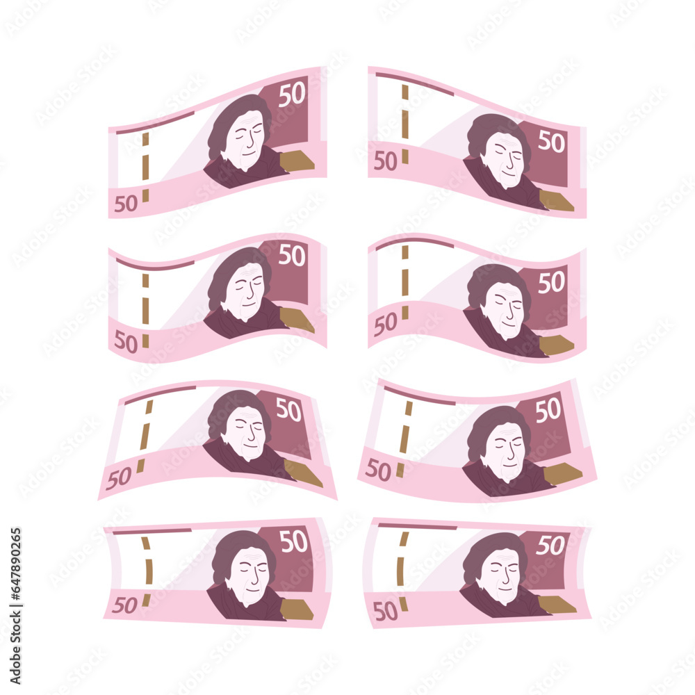 50 Soles Peruanos Ilustración Vectorial. Paquete de Billetes Dinero de
