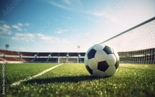 Soccer ball on green grass in soccer stadium. Generative AI © piai