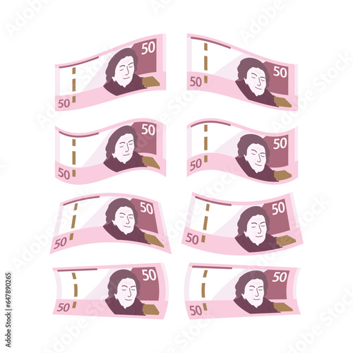 50 Soles Peruanos Ilustración Vectorial. Paquete de Billetes Dinero de Perú. 50 Soles Cayendo y Volando. Estilo Flat. Aislado Sobre Fondo Blanco. Diseño Minimalista Simple.