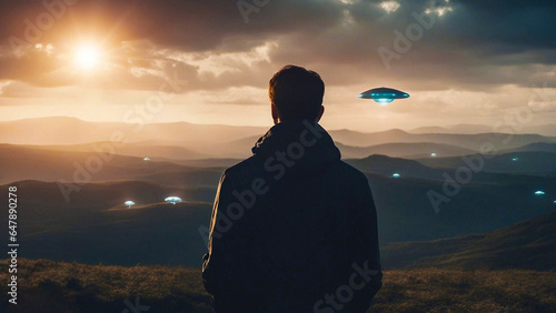 Back View of Man Gazing at UFO in Alien Invasion Scene, Mysterious Flying Saucer in Dramatic Sky, Conceptual Sci-Fi Photography.