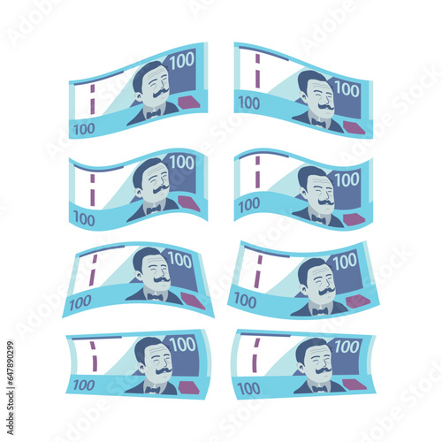 100 Soles Peruanos Ilustración Vectorial. Paquete de Billetes Dinero de Perú. 100 Soles Cayendo y Volando. Estilo Flat. Aislado Sobre Fondo Blanco. Diseño Minimalista Simple.