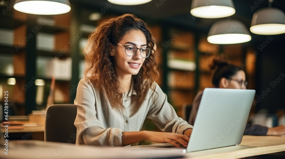 Professional female employee or a businesswoman using a laptop in a modern office. Copy space Professional female employee or a businesswoman using a laptop in a modern office. Copy space