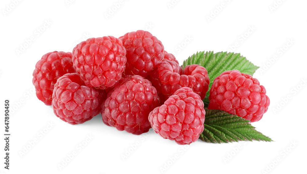 Many fresh ripe raspberries and green leaves isolated on white Many fresh ripe raspberries and green leaves isolated on white